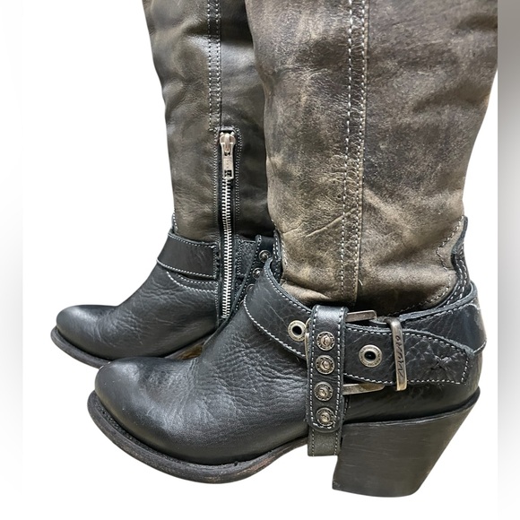 MURO Magda Women's Knee High Distressed Studded Western Leather Harness Boots 6 - Picture 3 of 15